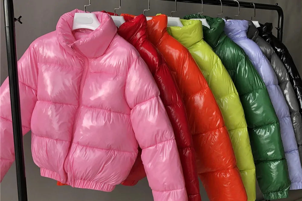 European American Women Short Cotton Jacket for Autumn Winter Bright Outcoat Zipper Jacket Pink Cute Cropped Parka Stylish Coat