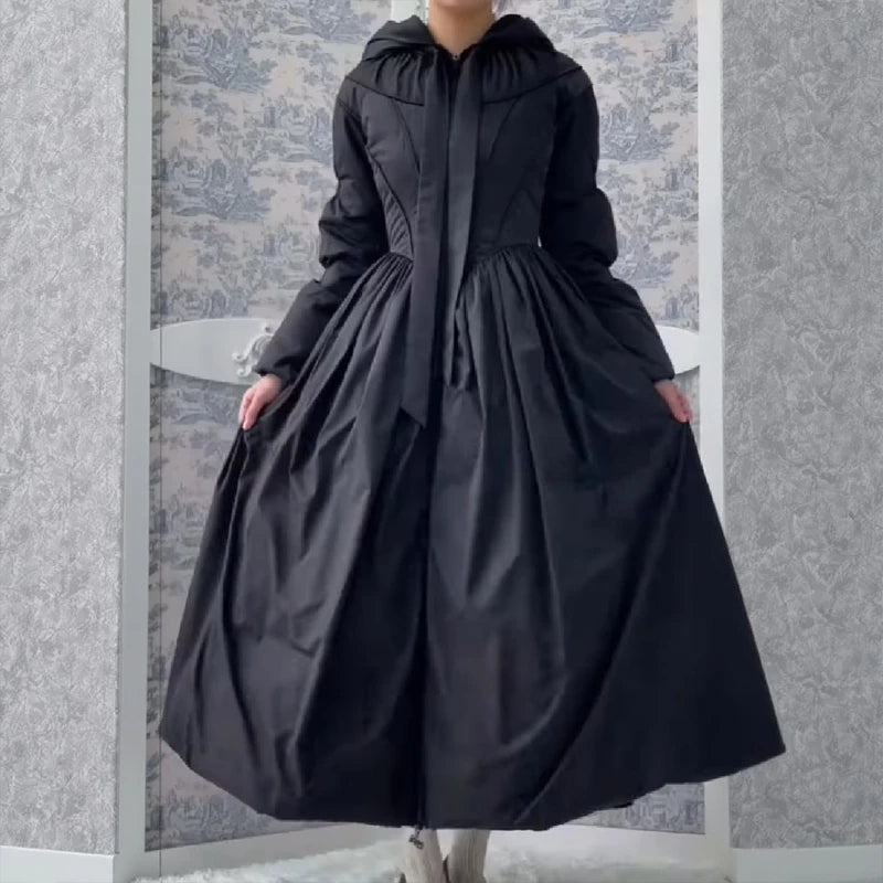 Women Chic Solid Maxi Dress Puff Jacket Slim Fit S Line Big Hem Warm Long Robes Coat 2026 New Outfit Lady High Street Outwear