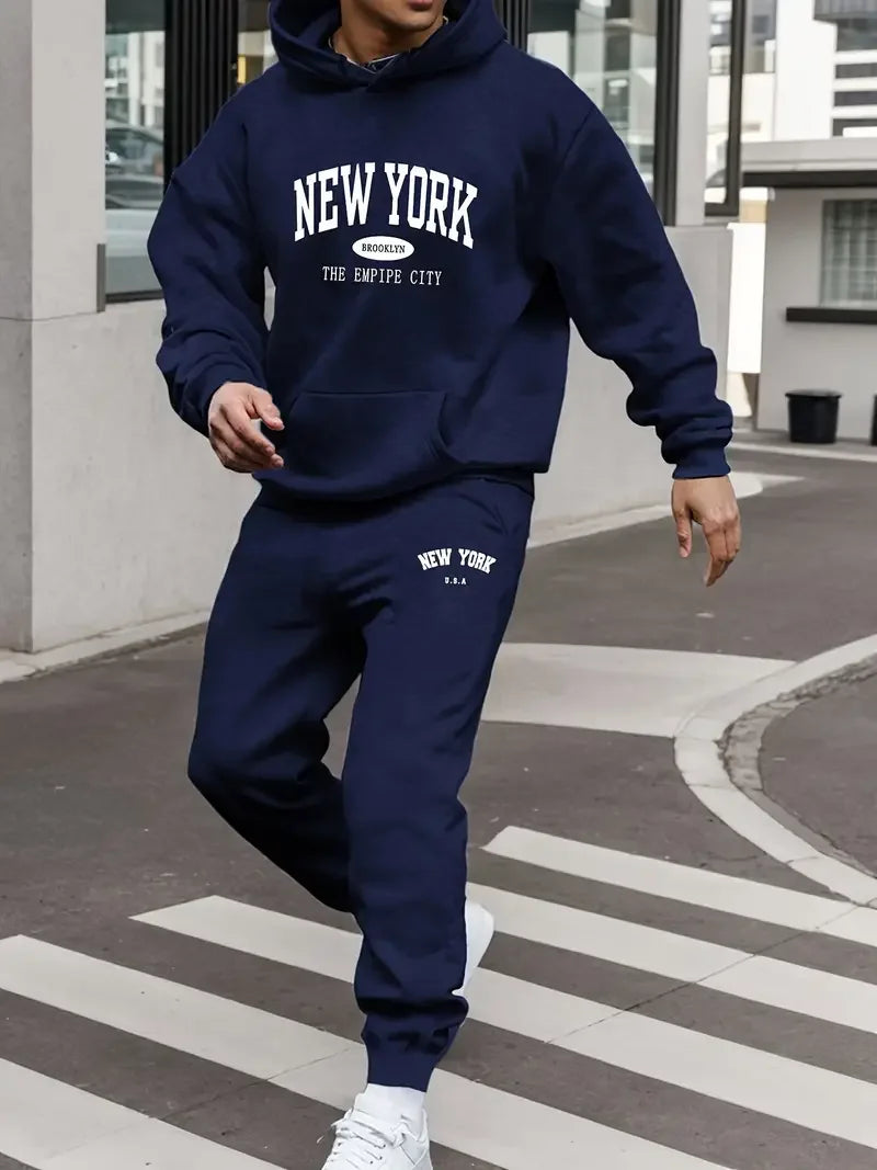 Men's Velvet Thickened Sports Set New York Letter Printed Spring and Autumn Hoodie Set Long Sleeve Casual Comfortable Pocket Hoo