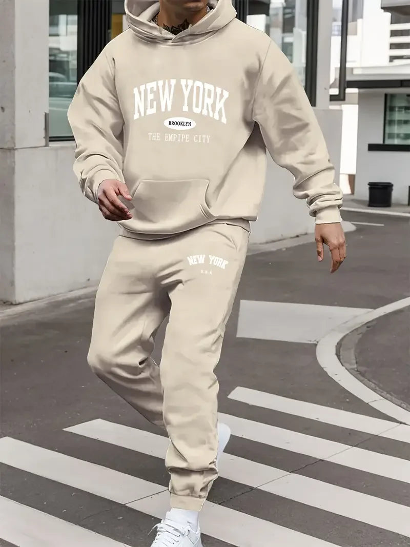 Men's Velvet Thickened Sports Set New York Letter Printed Spring and Autumn Hoodie Set Long Sleeve Casual Comfortable Pocket Hoo