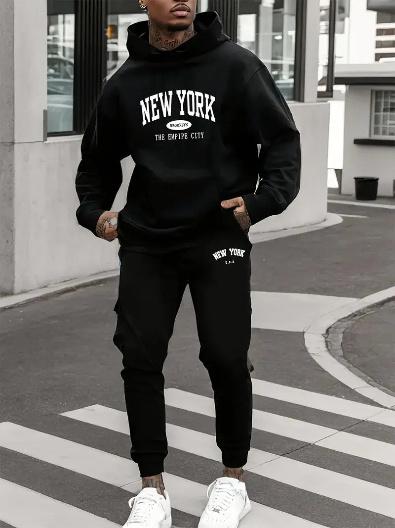 Men's Velvet Thickened Sports Set New York Letter Printed Spring and Autumn Hoodie Set Long Sleeve Casual Comfortable Pocket Hoo