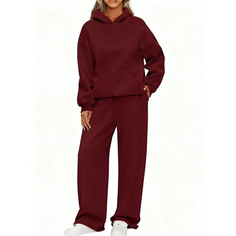 Autumn Winter Women Hoodie+Wide leg pants two pieces Casual pullover loose long sleeve tracksuit comfortable sports Women suit