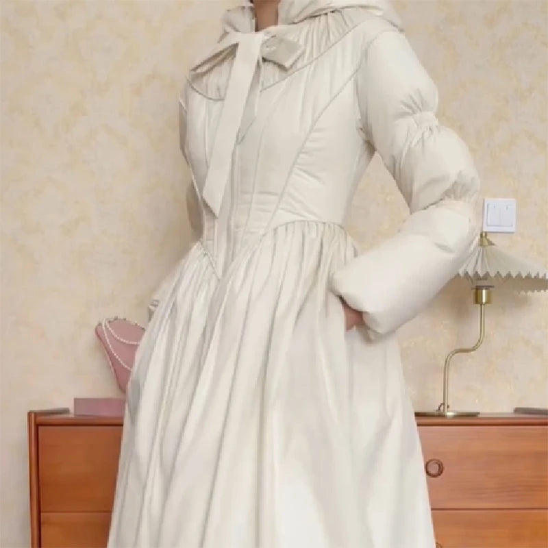 Women Chic Solid Maxi Dress Puff Jacket Slim Fit S Line Big Hem Warm Long Robes Coat 2026 New Outfit Lady High Street Outwear